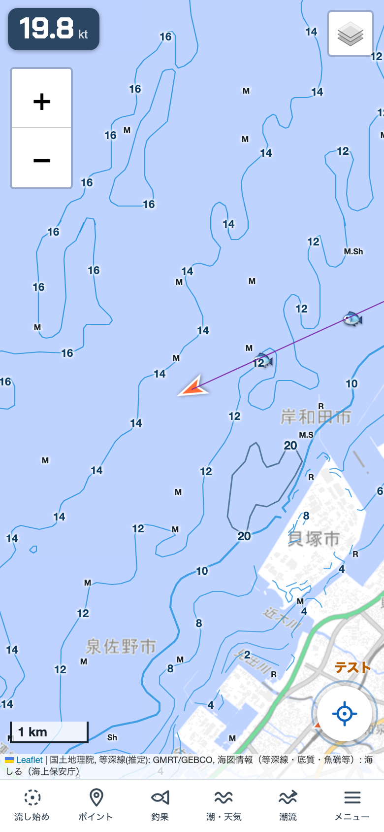 自船マーカーと航跡が描かれた画面